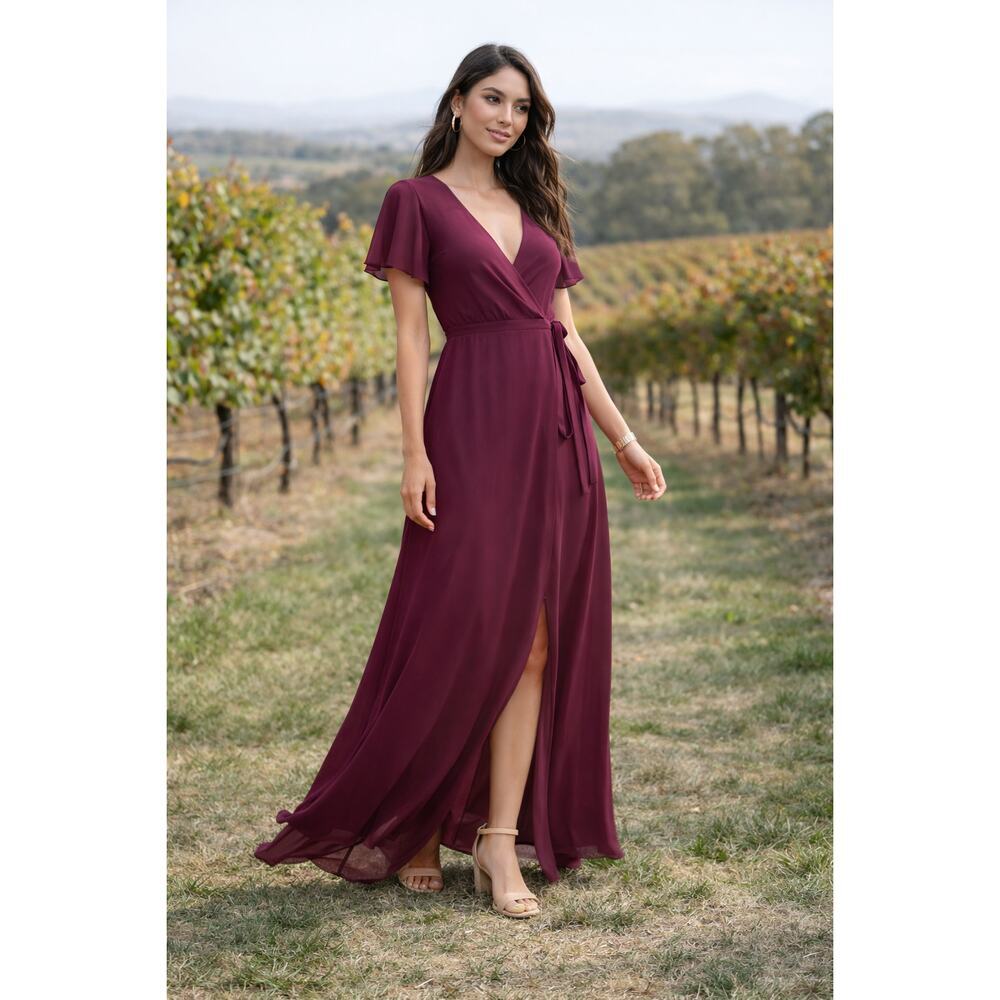 Show Me Your Mumu Burgundy Noelle Flutter Maxi Dress Faux Wrap Tie Waist Medium